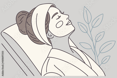 Woman relaxes while receiving a facial mask treatment at spa, skincare and wellness concept, modern flat illustration style.