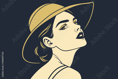 Woman with golden makeup looks fiercely at the camera, blending elegance and drama on dark background, modern flat illustration style.