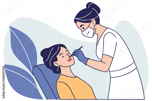 Woman undergoing eyebrow lamination in a salon, beautician works closely near her face to enhance brow definition, modern flat illustration style.