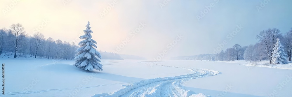 Fototapeta premium Stark Winter Landscape Frozen Lake and Snow-Covered Trees Under a Pale Sky, Evoking Isolation and Intense Cold
