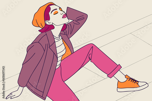 Young woman with vibrant pink makeup and orange lips poses stylishly, capturing creative fashion in a portrait, modern flat illustration style.