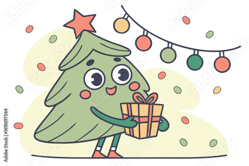 Cute kawaii Christmas tree character holding presents for festive holiday celebration modern flat illustration style