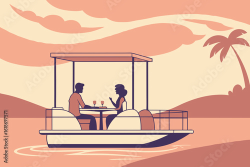 Couple enjoying a sunset dinner aboard an electric catamaran on calm waters, modern flat illustration style.