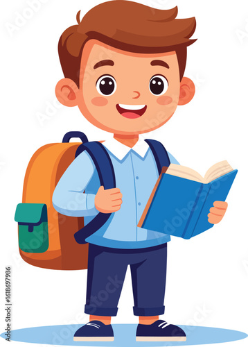 Happy schoolboy with backpack and open book, ready for class, back-to-school education flat vector cartoon illustration
