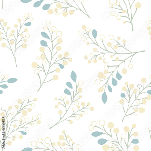 Seamless pattern of delicate branches with pale yellow berries and blue leaves floral