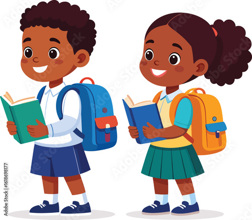 happy African American school children with backpacks reading books, education, learning, and back-to-school flat vector cartoon illustration