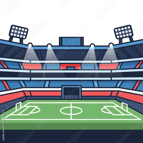Illustration of a large, colorful stadium with a green field, floodlights, and tiered seating.