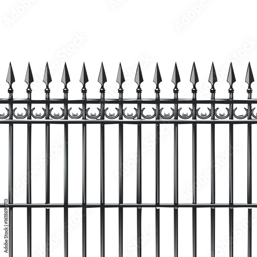 Ornate black metal fence with pointed finials and decorative scrollwork iron wrought iron