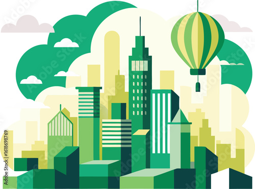 Modern city skyline with hot air balloon soaring above colorful buildings
