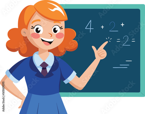 Smiling teacher pointing at math problem on chalkboard in a bright classroom setting
