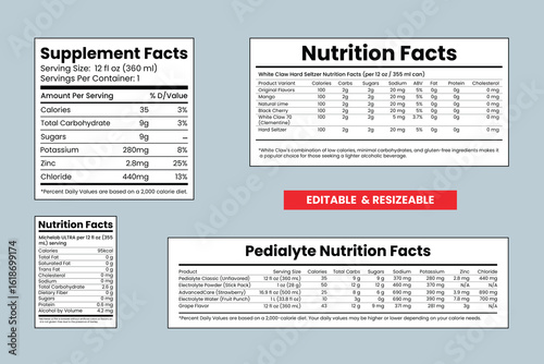 Editable Nutrition Labels Collection for Snacks, Protein, and Beverages