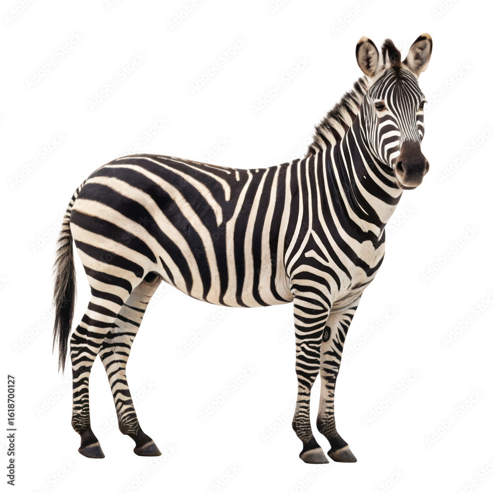 Fototapeta premium A striking zebra stands tall, its distinctive black and white stripes creating a mesmerizing pattern against a plain background isolated on transparent background