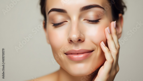 Close-up portrait of woman with glowing skin, radiant face, soft makeup, serene expression, showcasing beauty and skincare elegance