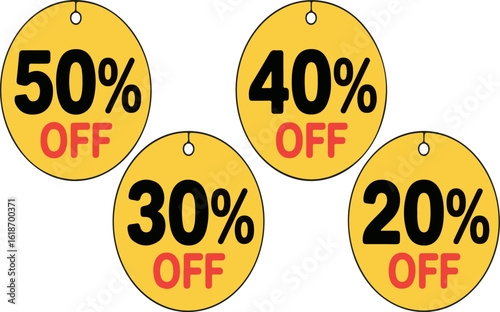 Yellow discount tags fifty forty thirty twenty percent off sale black