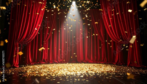 Stage with red velvet curtains and gold confetti