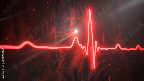Vibrant red neon heartbeat line on a dark textured background