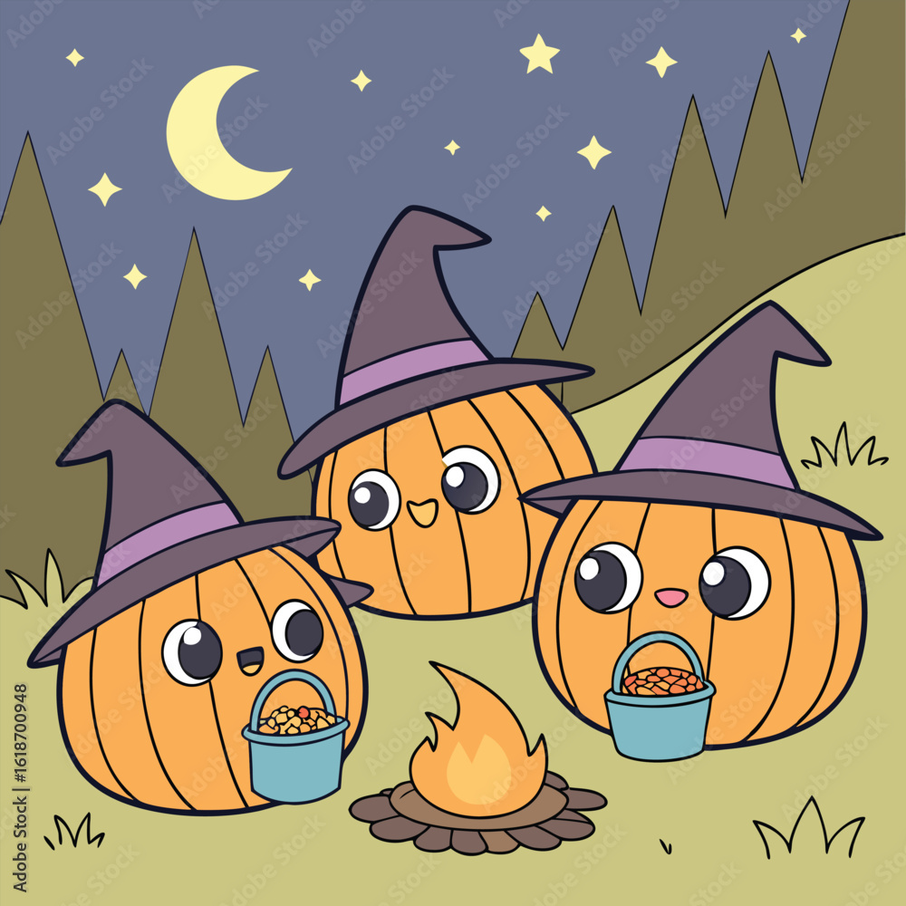 Fototapeta premium Group of Kawaii Pumpkins Around Halloween Campfire
