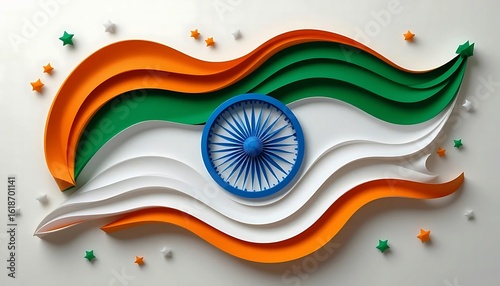 Paper art creates an indian flag with stars on white background