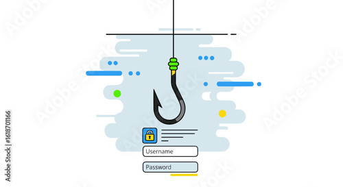 Cybersecurity concept of a phishing attack targeting login credentials with a fishing hook over a username and password form.