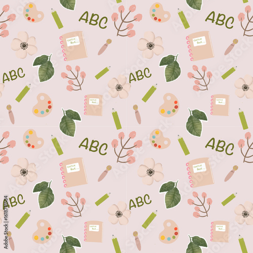 Seamless pattern on light soft pink background - school suppliers with exercise books, flowers, branches, pencils, brushes, leaves, letters