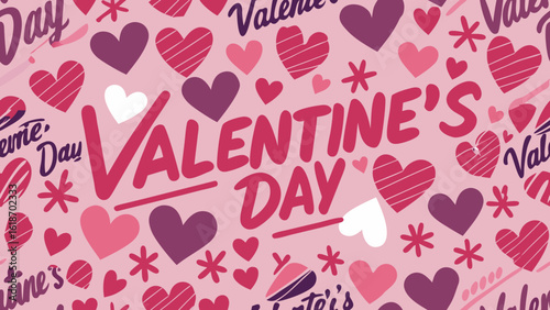 Valentines Day hearts and text pattern in pink and purple hues love romance