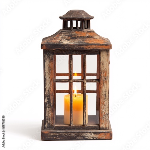Rustic Wooden Lantern with Candlelight Beautiful Warm Glow on White Background