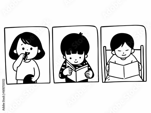 Simple black and white vector line drawing of children doing daily activities — brushing teeth, reading, playing with toys — cute and educational style for preschool coloring pages