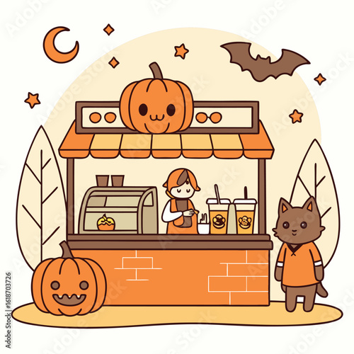 Adorable Kawaii Pumpkin Caf� with Bat and Cat Customers
