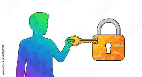 A colorful illustration depicts a person inserting a key into a digital padlock, symbolizing data security, privacy, and access control in a modern technological environment.