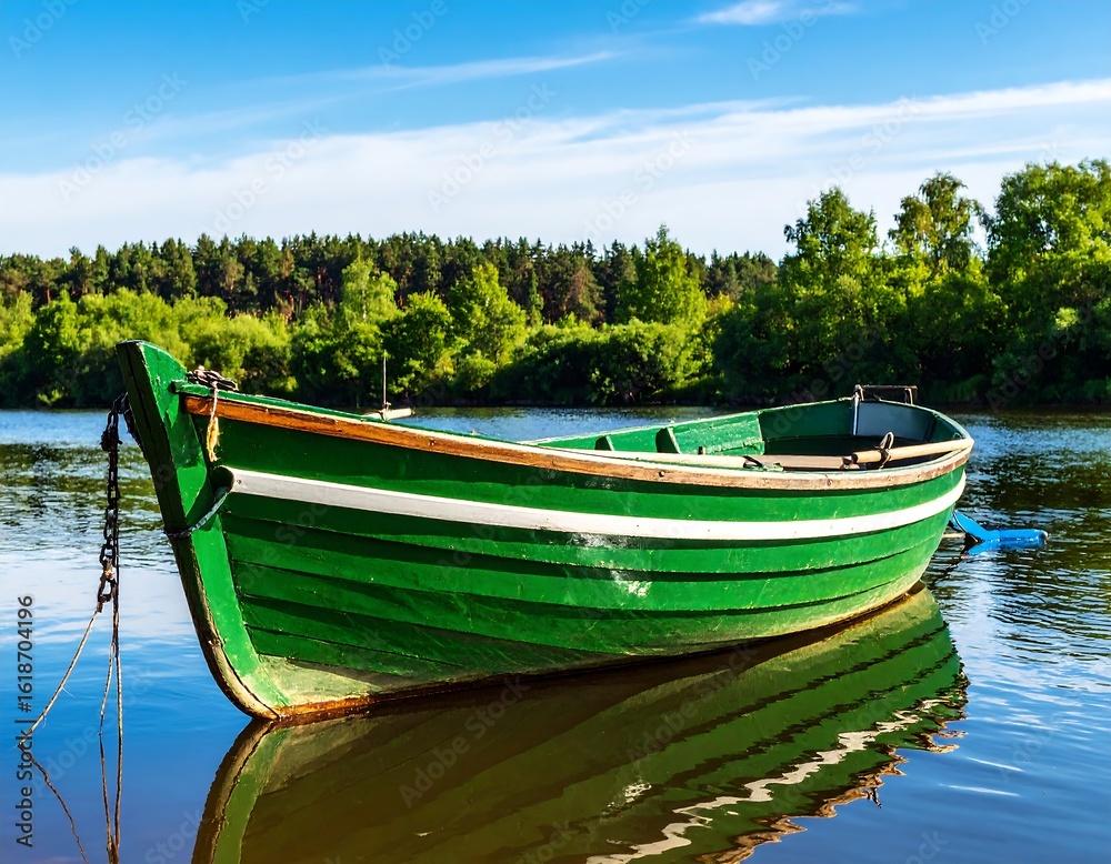 Obraz premium Green rowboat on tranquil river