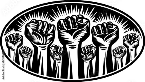 Illustration of multiple raised fists in an oval frame radiating light in black and white vector image