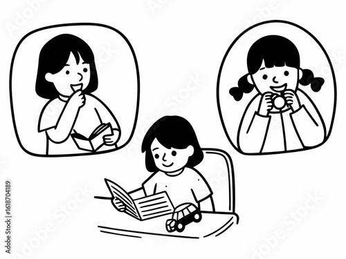 Simple black and white vector line drawing of children doing daily activities — brushing teeth, reading, playing with toys — cute and educational style for preschool coloring pages
