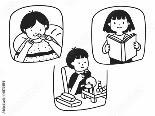 Simple black and white vector line drawing of children doing daily activities — brushing teeth, reading, playing with toys — cute and educational style for preschool coloring pages