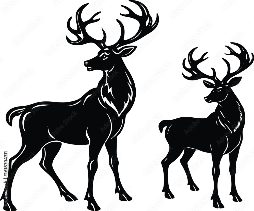 Obraz premium two majestic deer silhouettes with large antlers in standing wildlife posture
