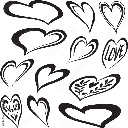Collection of stylized hearts with decorative elements love floral