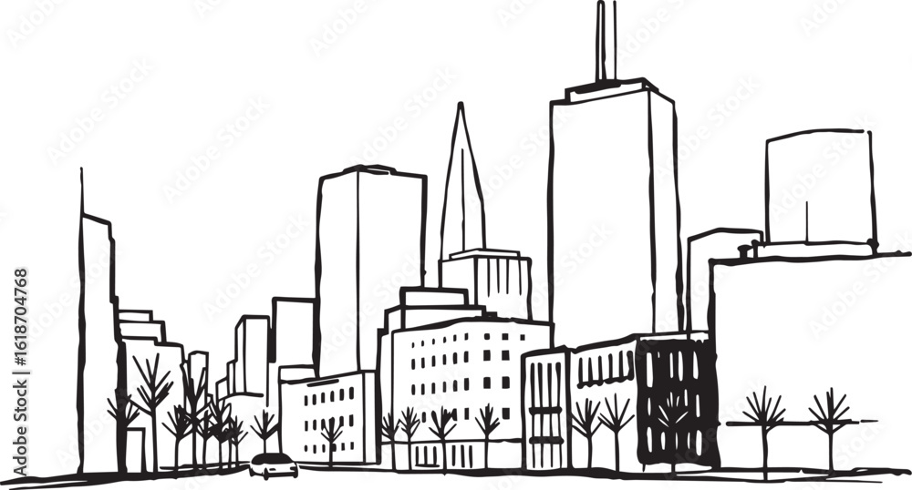 Obraz premium City landscape. Different buildings on street, outline cityscape hand sketch, flat houses. Hand drawn vector illustration