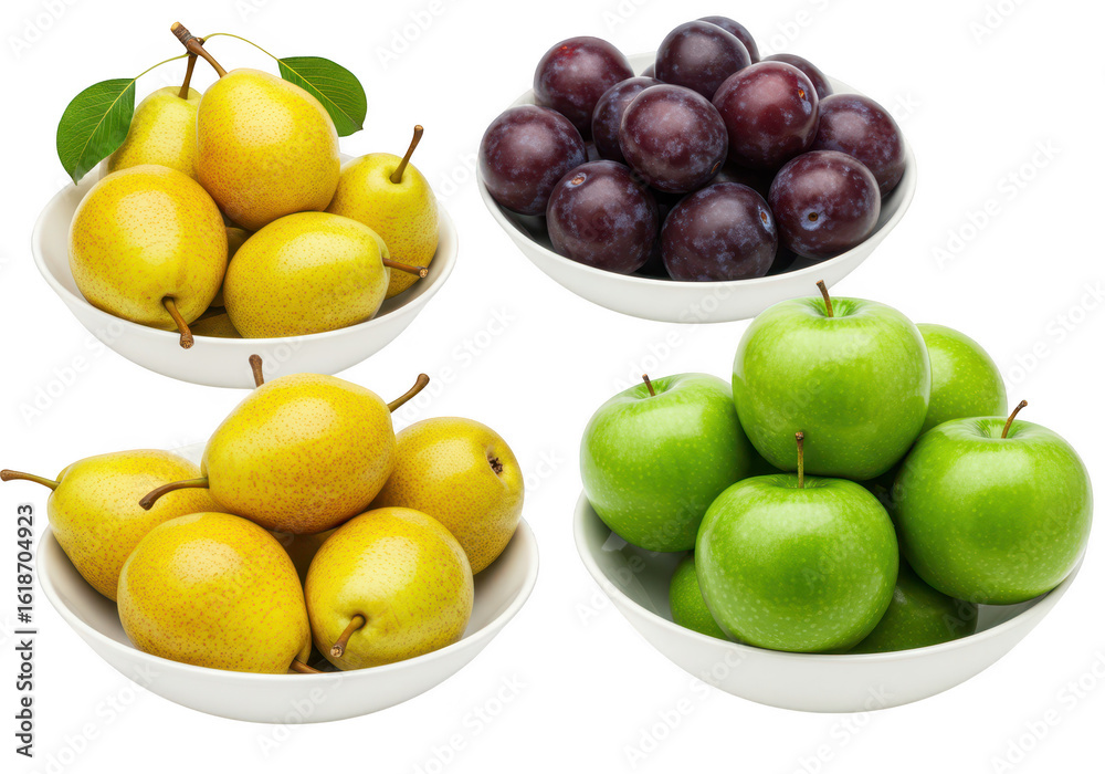 Bowls of pears, plums, and apples isolated on transparent background Bowls of pears, plums, and apples isolated on transparent background