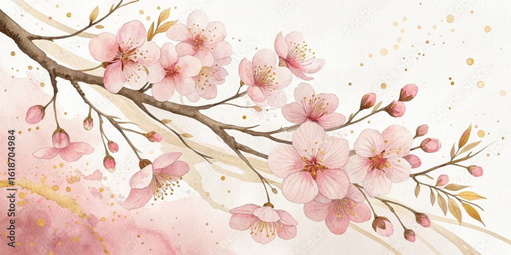 Fototapeta premium Watercolor cherry blossom branch painting for spring season floral design and decoration art