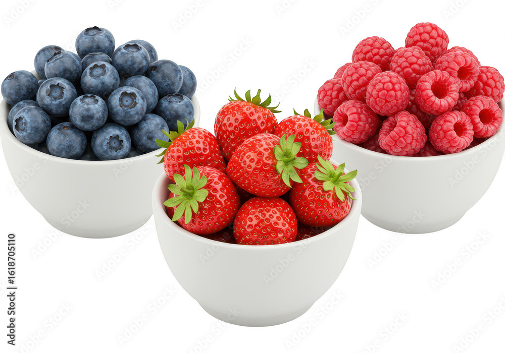 Three bowls of berries strawberries, blueberries, and raspberries isolated on transparent background Three bowls of berries strawberries, blueberries, and raspberries isolated on transparent background