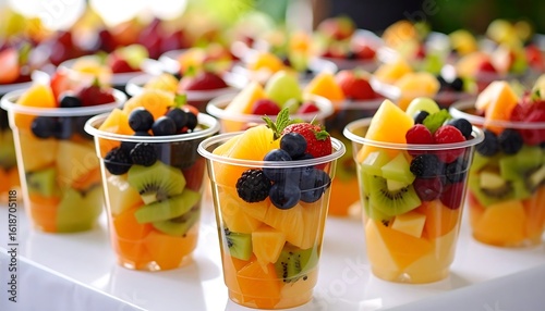 Colorful fruit cups arranged on a white surface