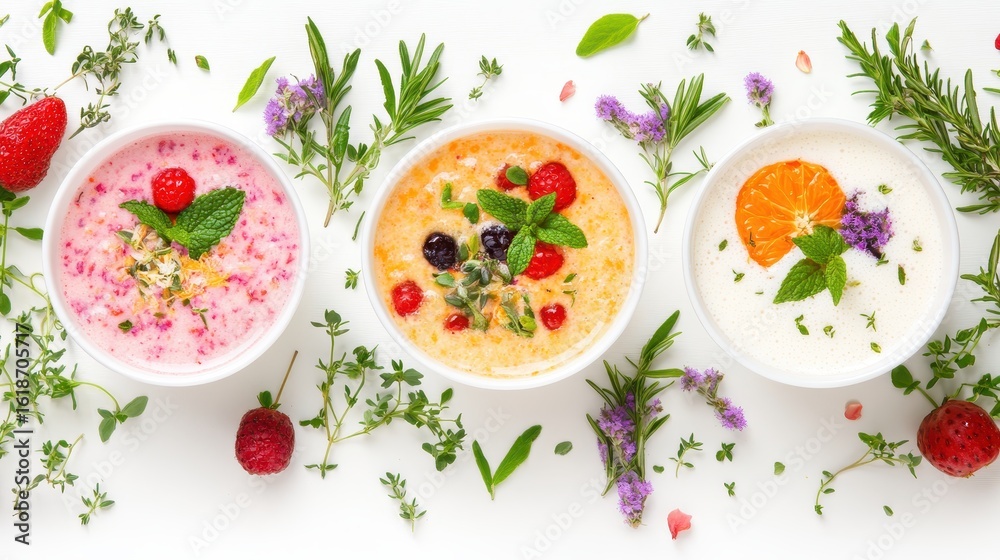 Colorful Yogurt Bowls with Fresh Fruits and Herbs on White Background Colorful Yogurt Bowls with Fresh Fruits and Herbs on White Background