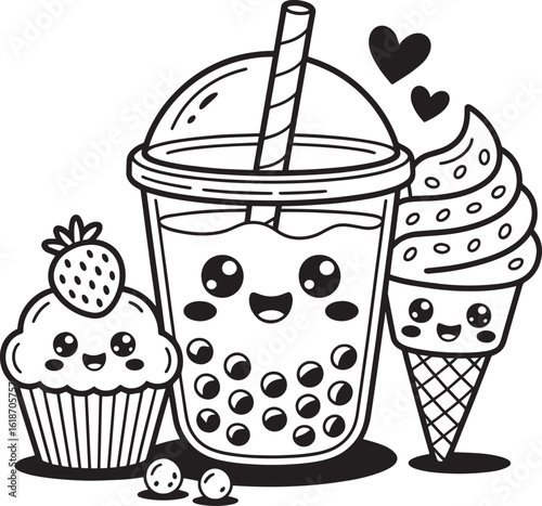 Kawaii cupcake bubble tea and ice cream cute food