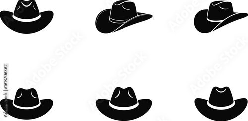 Cowboy Hat Icon Set – Western Style Hat Silhouette Vector Collection