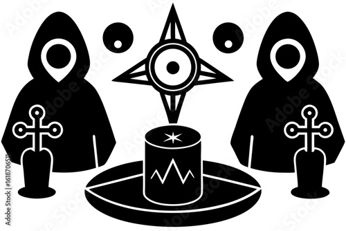 Black vector silhouettes of cult ceremony hooded figures, strange runes, sacrifice altar, black candle, circle of bones on white background