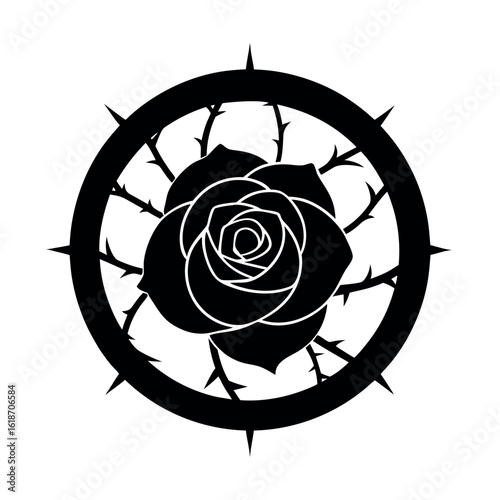 Gothic Rose Within Barbed Wire Circle Silhouette