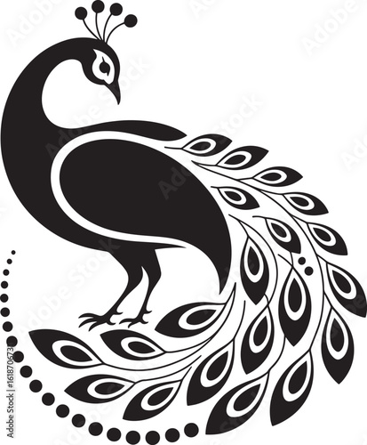 Stylized black and white vector illustration of a peacock with ornate tail feathers bird animal