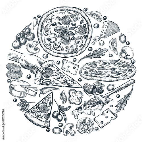 Vector hand drawn Italian pizza and ingredients in circle shape. Design elements for restaurant menu, Italian pizzeria