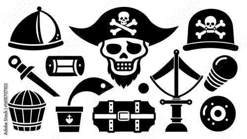 Assorted pirate-themed icons such as treasure chests, skull flags, eye patches, cutlasses, and compasses, black vector silhouette on white background