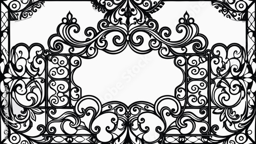 Ornate black wrought iron scrollwork frame with central oval space decorative