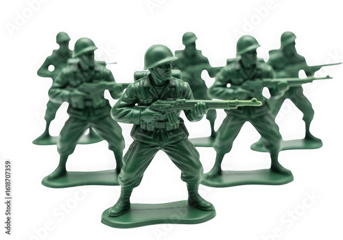 Green toy soldiers plastic army men military figures isolated on transparent background